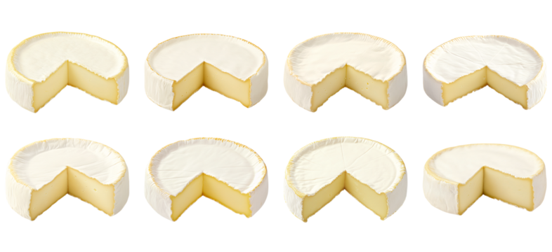 Collection of various A round of brie cheese with a slice taken out, highlighting its soft, creamy texture and white edible rind isolated on white transparent background PNG set