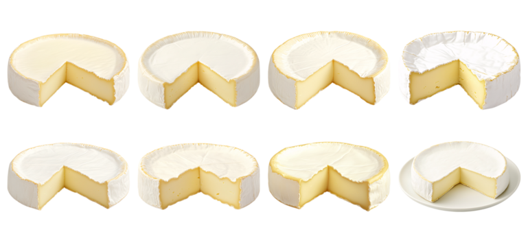 Collection of various A round of brie cheese with a slice taken out, highlighting its soft, creamy texture and white edible rind isolated on white transparent background PNG set