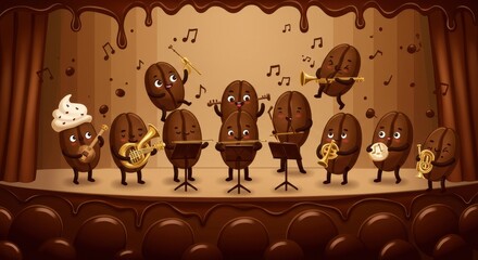 Cartoon coffee beans play various instruments on stage, entertaining an audience with joyful music