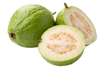 A Green Guava with a Halved Guava Isolated on Transparent Background