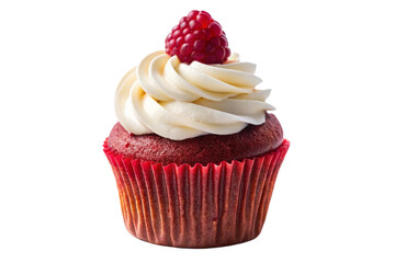 A Red Velvet Cupcake with White Frosting and a Raspberry on Top Isolated on Transparent Background