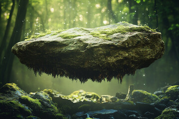 Roots levitating rock in fantasy forest background