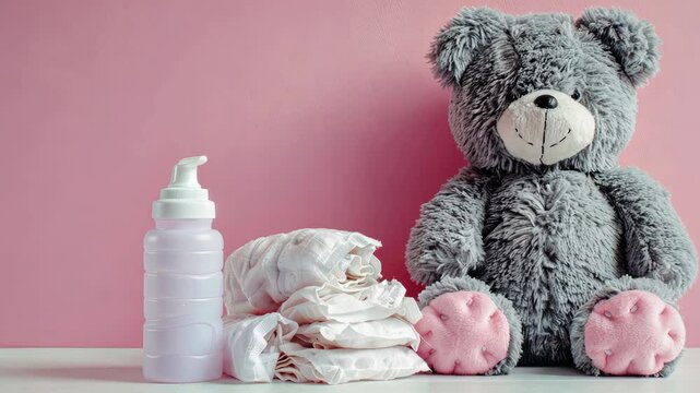 A cozy and inviting diaper changing station features a soft teddy bear, neatly stacked diapers, and a baby bottle for nursing