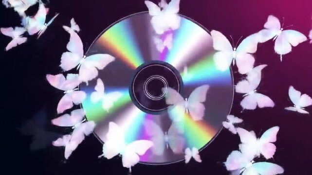 Surreal Compact Disc with Iridescent Butterflies Flutter, y2k 