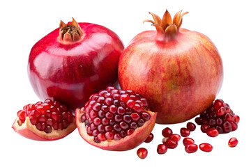 Fresh Whole Pomegranate with Quartered Piece and Seeds Displayed Isolated on Transparent Background