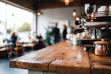 Rustic wooden counter at a café with an espresso machine and people in the background