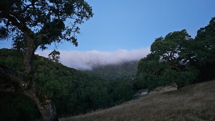 Blanket of fog rolling over a mountain ridge at sunrise