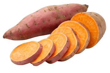Whole Sweet Potato with Multiple Slices for Cooking and Baking Isolated on Transparent Background