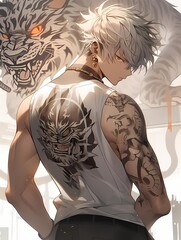 Anime illustration, young man, silver hair, lion tattoo, jewelry, stylized tiger backdrop, urban setting.