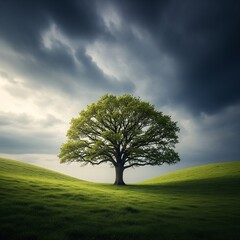 Obraz premium Lone Tree on Hill under Dramatic Sky
