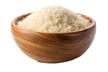 Uncooked White Rice Grains in Traditional Wooden Bowl Isolated on Transparent Background