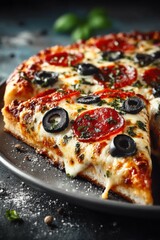Fresh pepperoni pizza slice with olives, melting cheese, close-up. Delicious fresh pizza.