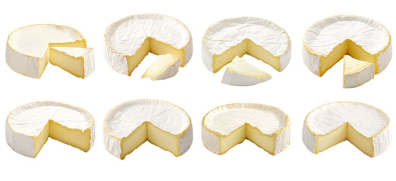 Collection of various A round of brie cheese with a slice taken out, highlighting its soft, creamy texture and white edible rind isolated on white transparent background PNG set