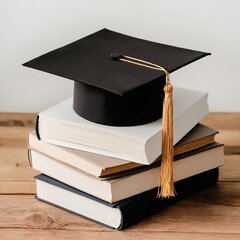 Black graduation hat on white books stack for minimal modern education background