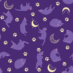 Mystical seamless pattern of cats in boho style, silhouette collection. Esotericism and mysticism, occultism. Cartoon flat vector illustrations, isolated