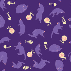 Mystical seamless pattern of cats in boho style, silhouette collection. Esotericism and mysticism, occultism. Cartoon flat vector illustrations, isolated