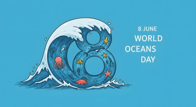World oceans day illustration featuring an eight made of water and sea creatures