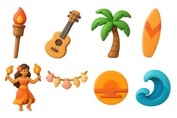 Sunset Beach Icons. 3D icons set of sunset beach festivals: tiki torch, ukulele, palm tree, surfboard, fire dancer, shell garland,
