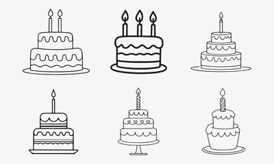 Set of Cake Happy Birthday in Line Vector Style on White Background