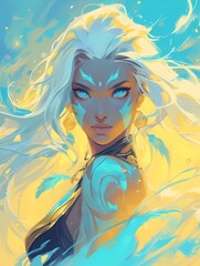 Mystical anime woman, dark skin, blue eyes, tribal tattoos, jewelry, ethereal background.