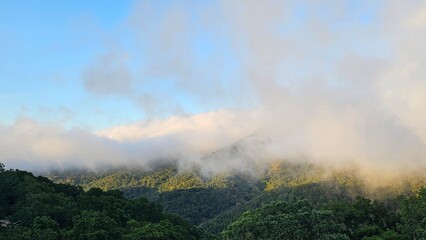 Blanket of fog rolling over a mountain ridge at sunrise