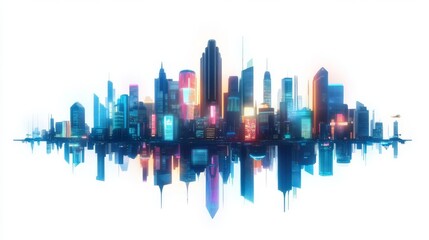 Obraz premium A vibrant city skyline at night reflecting colorful lights in still water, symbolizing urban energy and beauty.