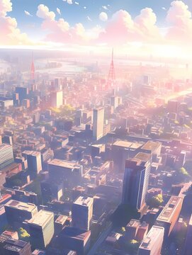 Anime illustration of an aerial view of a cityscape at sunset.