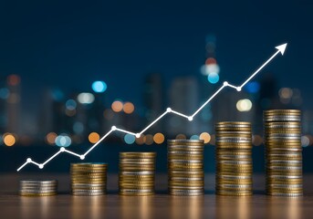 The image shows stacks of coins of increasing height next to a rising graph line, set against a blurred city night background, to symbolize successful financial growth or investment.