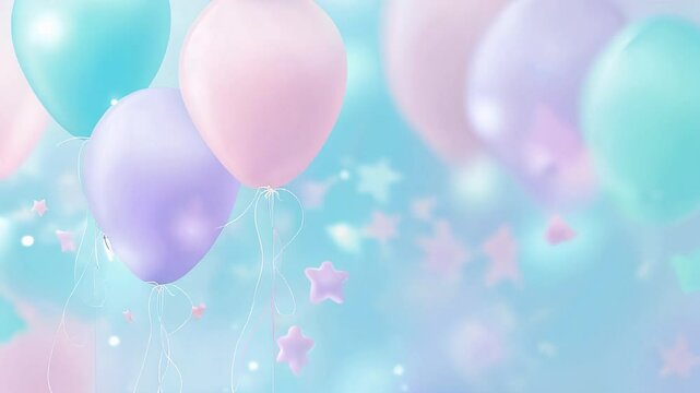 Colorful balloons in pastel shades float against a dreamy blue background, surrounded by sparkling stars and festive ribbons, creating a joyful celebration atmosphere