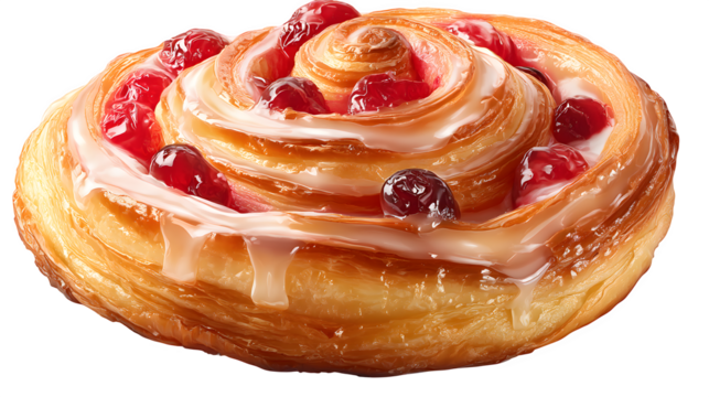 "Danish pastry with spiral layers and fruit filling, glossy glaze, isolated on transparent background 