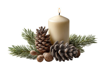 PNG Elegant white candle with pinecones and greenery for a cozy ambiance