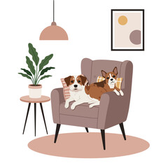 Cozy Interior Scene with Two Dogs Relaxing on an Armchair Next to a Plant