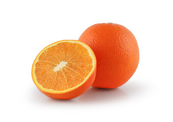 Fresh Orange fruit, half and slices isolated on the white background, clipping path, Arancia Tarocco, Citrus sinensis, Half of orange on the heap of oranges.