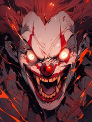 Anime clown face, glowing eyes, jagged teeth, horror intensity.