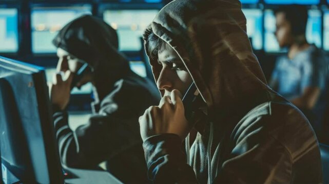 Group of scammer wearing a hoodie is talking on a cell phone, fraud and criminal concept