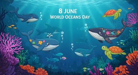 Illustration of world oceans day with whales turtles and coral reefs underwater scene