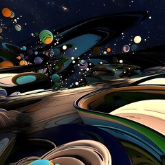 Surreal cosmic scene, abstract swirling shapes, starry sky, dreamlike