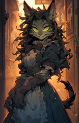 Anime cat person, human features, long hair, pointed ears, dress, gloves, standing in doorway, indoor scene