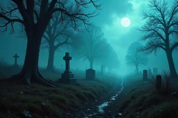 Ethereal, misty rain falls on a desolate, graveyard landscape The atmosphere is ghostly and mysterious, hinting at supernatural events Perfect for Halloween or fantasy themes , headstones, graveyard