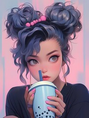 Young woman with purple eyes pink nails boba tea blue hair hoop earrings.