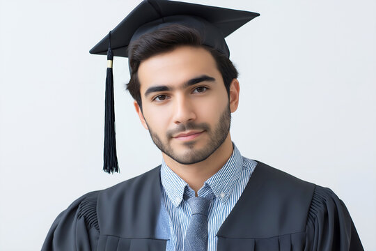 Confident young man in black graduation cap and gown posing against a plain background with a calm expression