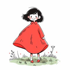 Cheerful young girl in bright red dress standing on green grass