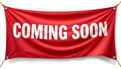 Red fabric banner with white coming soon text and eyelets
