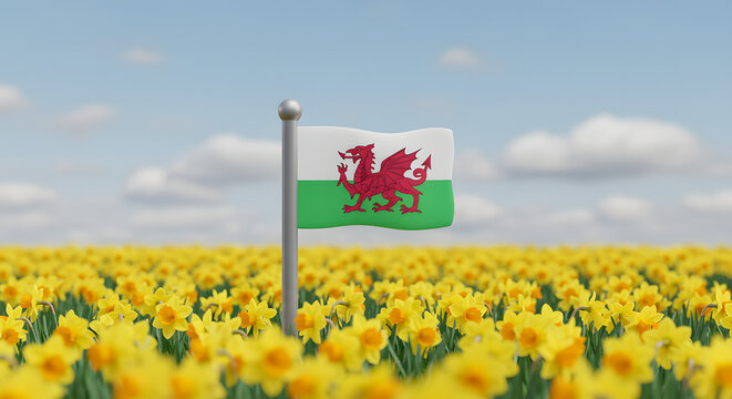 A vivid Welsh flag, its red dragon emblem proudly waving against a backdrop of a bright daffodil field under a sunny sky, representing national pride.
