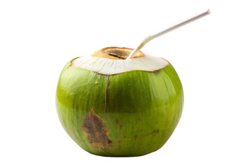 Fresh Green Coconut with Straw Ready for Drinking Isolated on Transparent Background