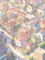 A charming town with unique, warmly colored houses and red roofs, bustling with streets, sidewalks, and nature, full of character and charm.