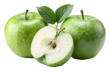 Fresh Green Apple with Dew Drops Isolated on Transparent Background