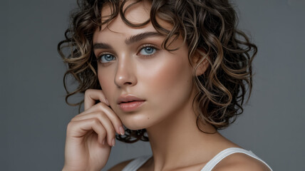 Obraz premium Professional Beauty Portrait A Young Woman with Curly Dark-Caramel Hair and Mesmerizing Blue Eyes in Thoughtful Pose