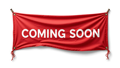 Red fabric banner with white coming soon text and eyelets