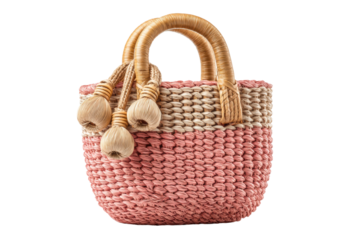 PNG Handmade two-tone straw bag with wooden handles and tassels